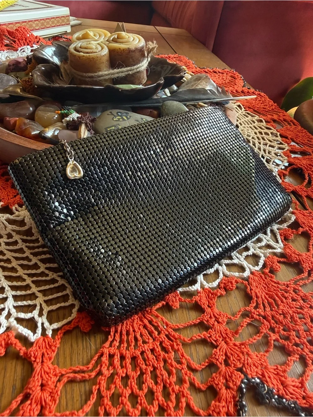 Vintage 1980s Whiting & Davis Black Metal Mesh Evening Clutch Purse